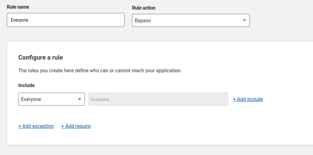 Setting a rule to bypass everyone in the Cloudflare UI